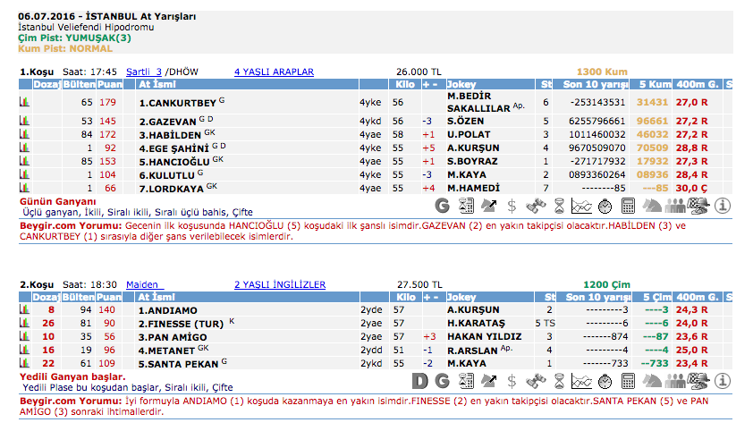 6 Temmuz 2016 Çarşamba İstanbul at yarışı bülteni ve tahminleri
