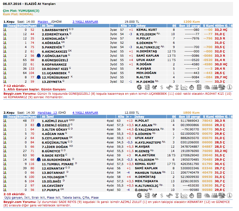 6 Temmuz 2016 Çarşamba Elazığ at yarışı bülteni ve tahminleri