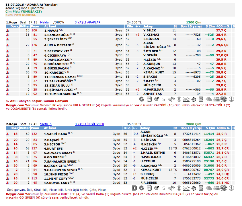 11 Temmuz 2016 Pazartesi Adana at yarışı bülteni ve tahminleri