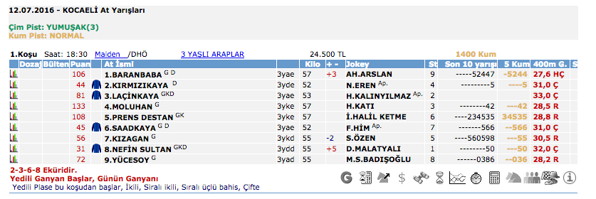 12 Temmuz 2016 Salı Kocaeli at yarışı bülteni ve tahminleri