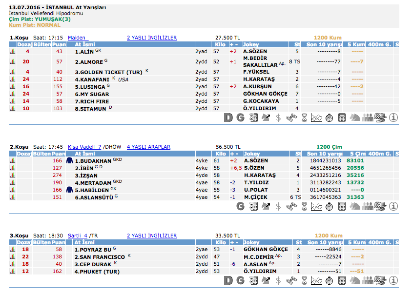 13 Temmuz 2016 Çarşamba İstanbul at yarışı bülteni ve tahminleri