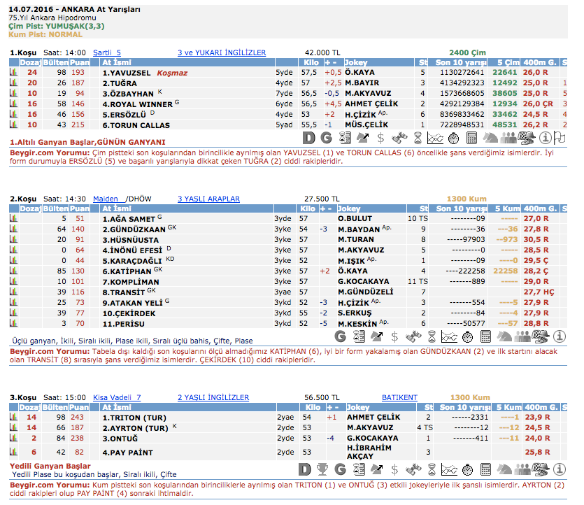 14 Temmuz 2016 Perşembe Ankara at yarışı bülteni ve tahminleri