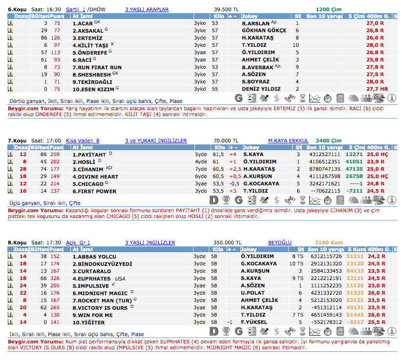 17 Temmuz 2016 Pazar İstanbul at yarışı bülteni ve tahminleri