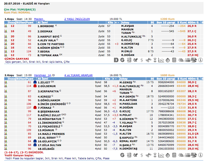 20 Temmuz 2016 Çarşamba Elazığ at yarışı bülteni ve tahminleri