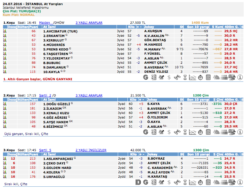 24 Temmuz 2016 Pazar İstanbul at yarışı bülteni ve tahminleri