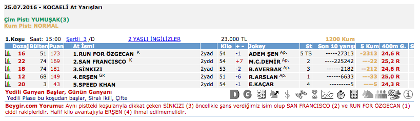 25 Temmuz 2016 Pazartesi Kocaeli at yarışı bülteni ve tahminleri