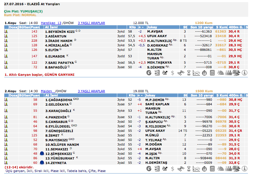 27 Temmuz 2016 Çarşamba Elazığ at yarışı bülteni ve tahminleri