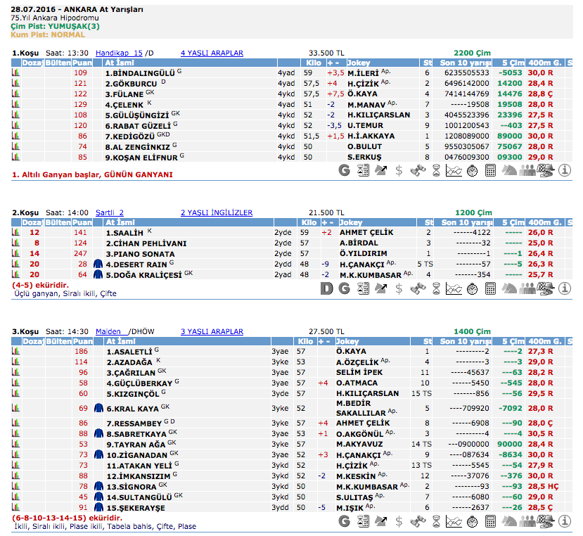 28 Temmuz 2016 Perşembe Ankara at yarışı bülteni ve tahminleri