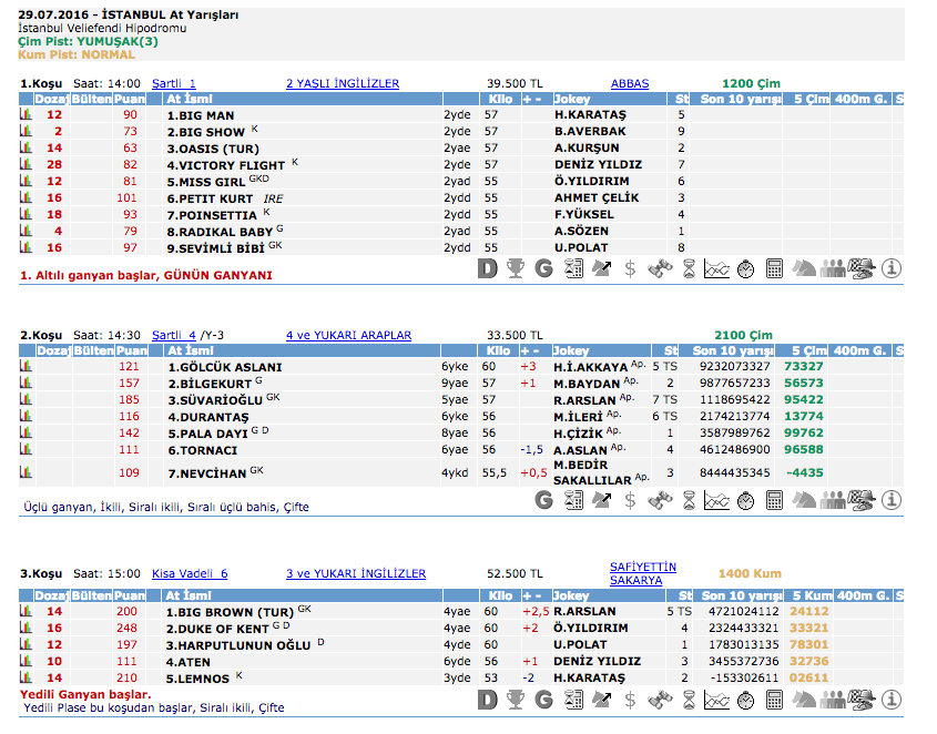 29 Temmuz 2016 Cuma İstanbul at yarışı bülteni ve tahminleri