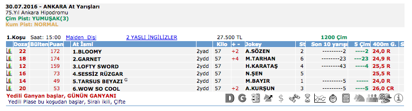 30 Temmuz 2016 Cumartesi Ankara at yarışı bülteni ve tahminleri
