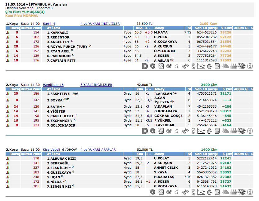 31 Temmuz 2016 Pazar İstanbul at yarışı bülteni ve tahminleri