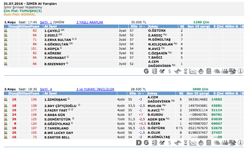 31 Temmuz 2016 Pazar İzmir at yarışı bülteni ve tahminleri