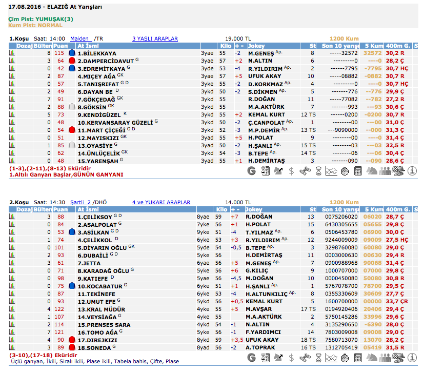 17 Ağustos 2016 Çarşamba Elazığ at yarışı bülteni ve tahminleri
