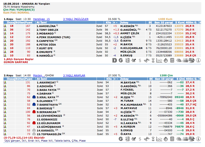 18 Ağustos 2016 Perşembe Ankara at yarışı bülteni ve tahminleri