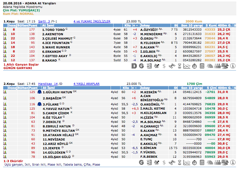 20 Ağustos 2016 Cumartesi Adana at yarışı bülteni ve tahminleri