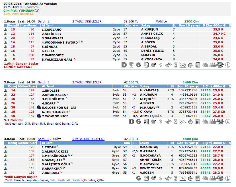 20 Ağustos 2016 Cumartesi Ankara at yarışı bülteni ve tahminleri