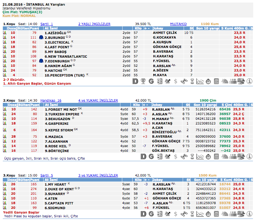 21 Ağustos 2016 Pazar İstanbul at yarışı bülteni ve tahminleri