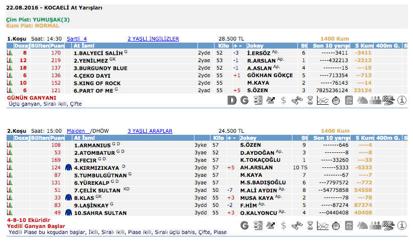 22 Ağustos 2016 Pazartesi Kocaeli at yarışı bülteni ve tahminleri