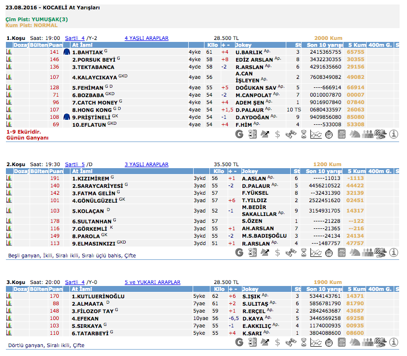 23 Ağustos 2016 Salı Kocaeli at yarışı bülteni ve tahminleri