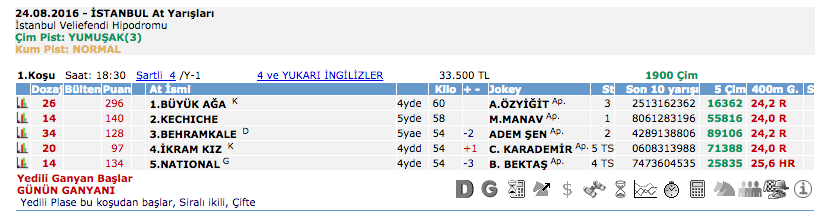24 Ağustos 2016 Çarşamba İstanbul at yarışı bülteni ve tahminleri