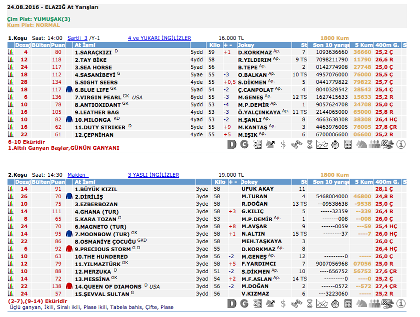 24 Ağustos 2016 Çarşamba Elazığ at yarışı bülteni ve tahminleri