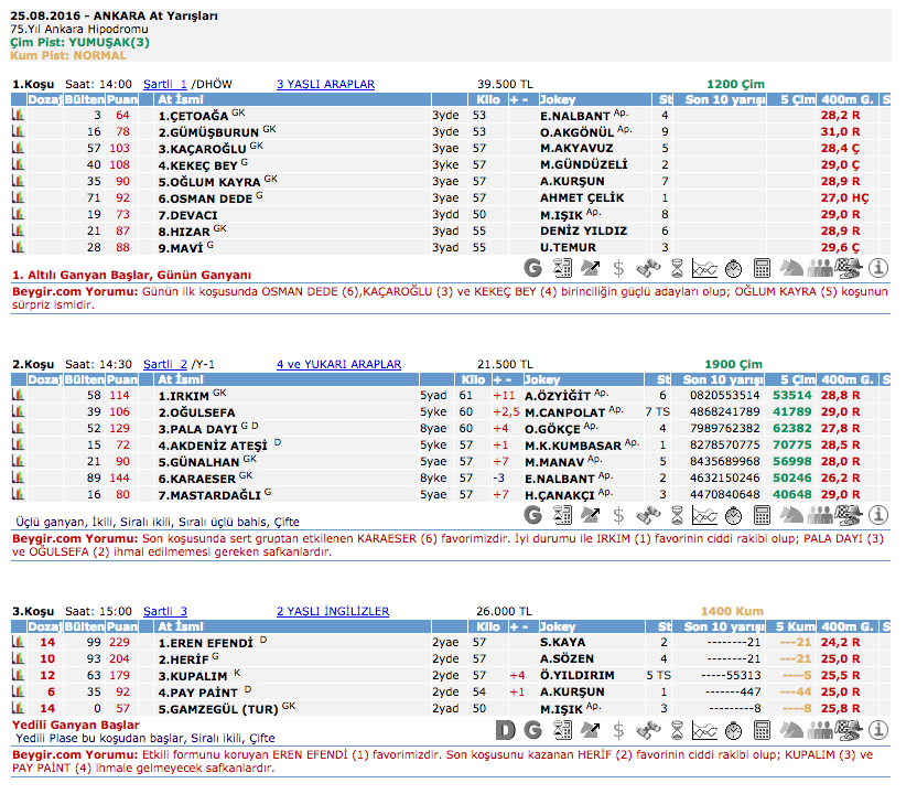 25 Ağustos 2016 Perşembe Ankara at yarışı bülteni ve tahminleri