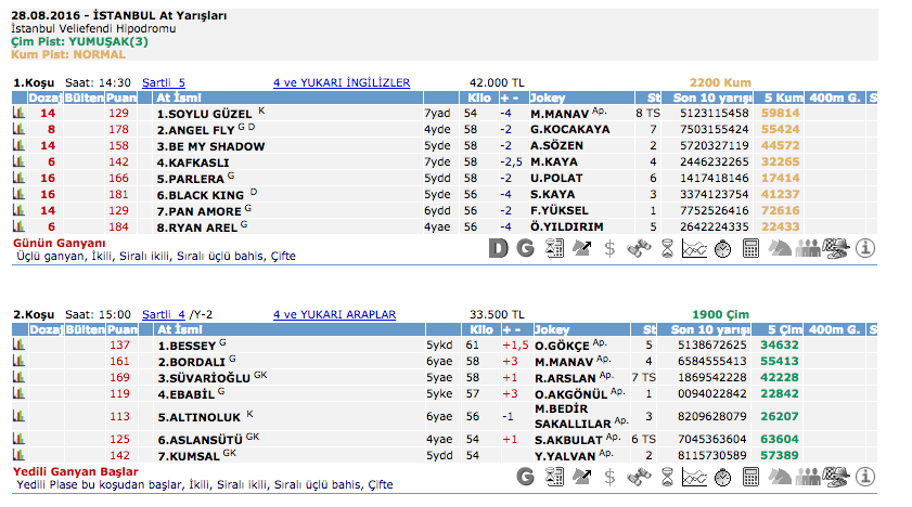 28 Ağustos 2016 Pazar İstanbul at yarışı bülteni ve tahminleri