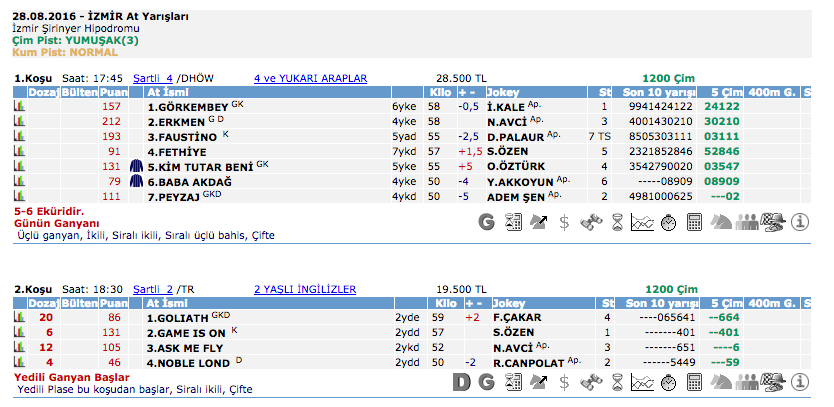 28 Ağustos 2016 Pazar İzmir at yarışı bülteni ve tahminleri