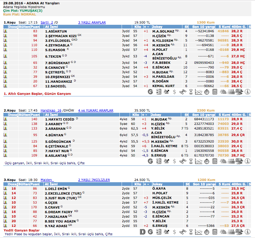 29 Ağustos 2016 Pazartesi Adana at yarışı bülteni ve tahminleri