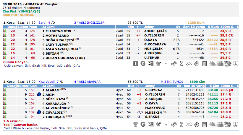 30 Ağustos 2016 Salı Ankara at yarışı bülteni ve tahminleri