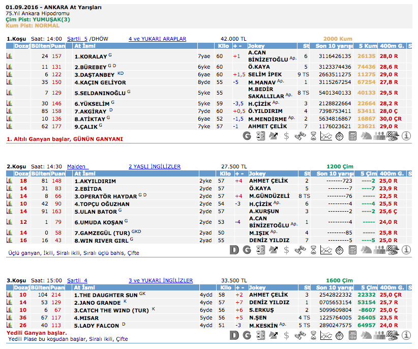 01 Eylül 2016 Perşembe Ankara at yarışı bülteni ve tahminleri