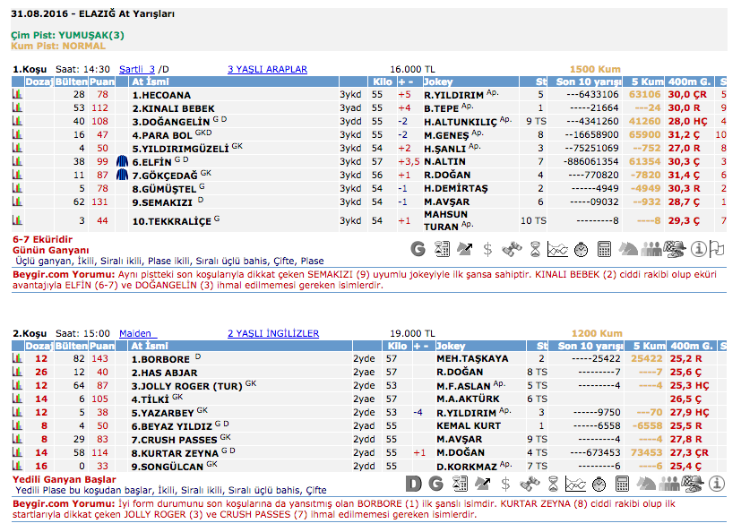 31 Ağustos 2016 Çarşamba Elazığ at yarışı bülteni ve tahminleri