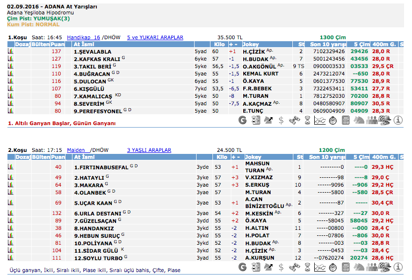 02 Eylül 2016 Cuma Adana at yarışı bülteni ve tahminleri