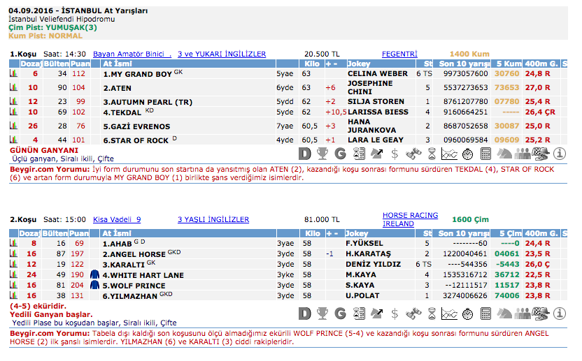 04 Eylül 2016 Pazar İstanbul at yarışı bülteni ve tahminleri