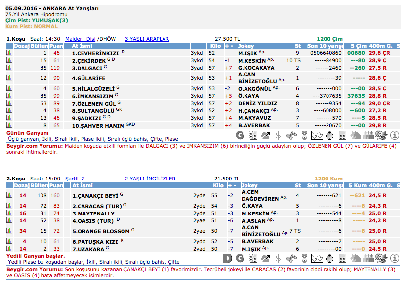 05 Eylül 2016 Pazartesi Ankara at yarışı bülteni ve tahminleri