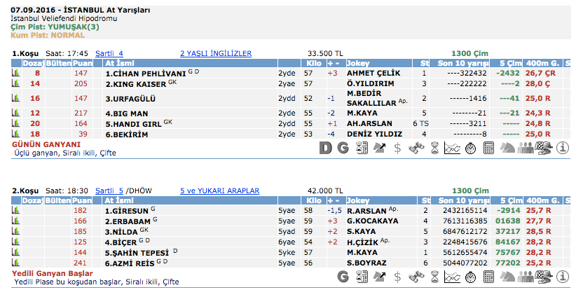  07 Eylül 2016 Çarşamba İstanbul at yarışı bülteni ve tahminleri