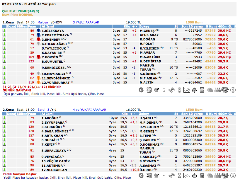 07 Eylül 2016 Çarşamba Elazığ at yarışı bülteni ve tahminleri