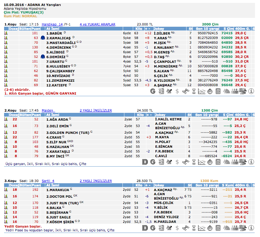 10 Eylül 2016 Cumartesi Adana at yarışı bülteni ve tahminleri