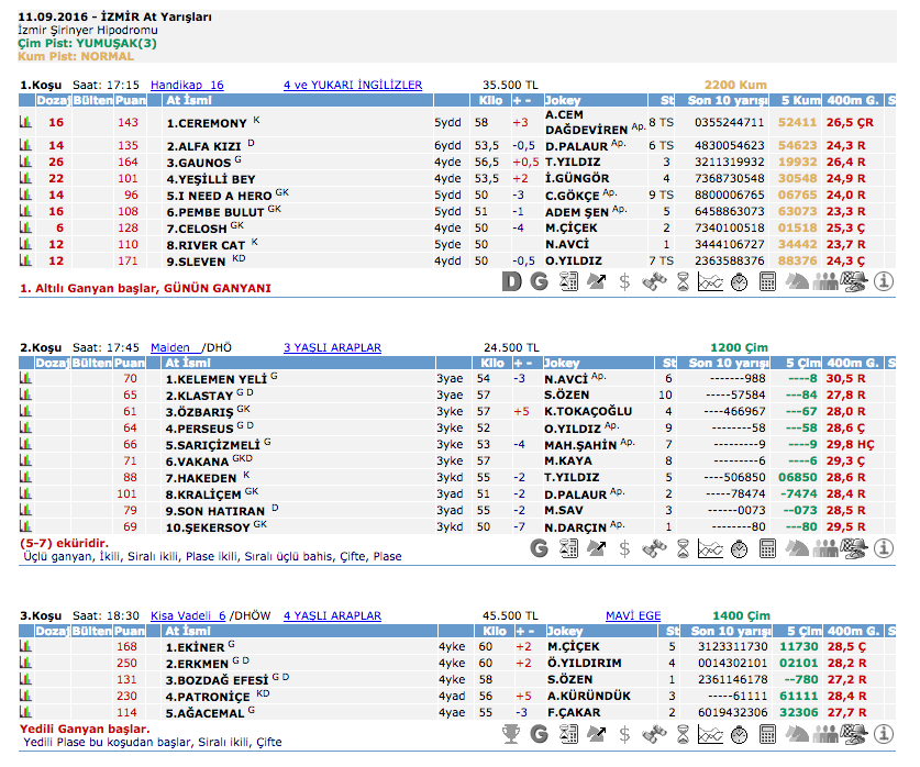 11 Eylül 2016 Pazar İzmir at yarışı bülteni ve tahminleri