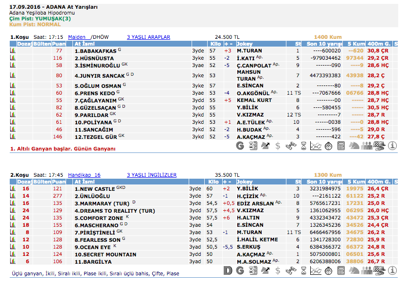 17 Eylül 2016 Cumartesi Adana at yarışı bülteni ve tahminleri