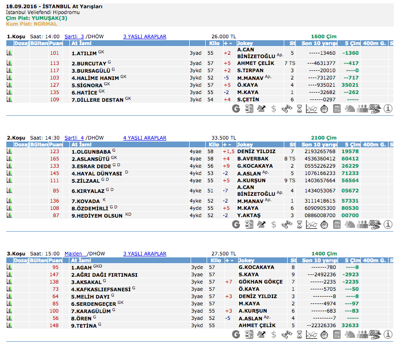 18 Eylül 2016 Pazar İstanbul at yarışı bülteni ve tahminleri