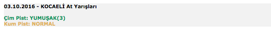 3 Ekim 2016 Pazartesi Kocaeli at yarışı bülteni ve tahminleri