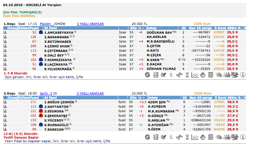 4 Ekim 2016 Salı Kocaeli at yarışı bülteni ve tahminleri