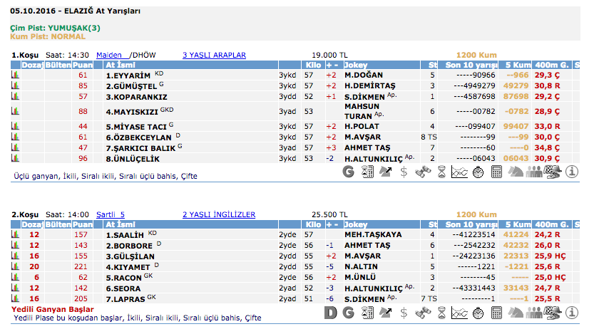 5 Ekim 2016 Çarşamba Elazığ at yarışı bülteni ve tahminleri