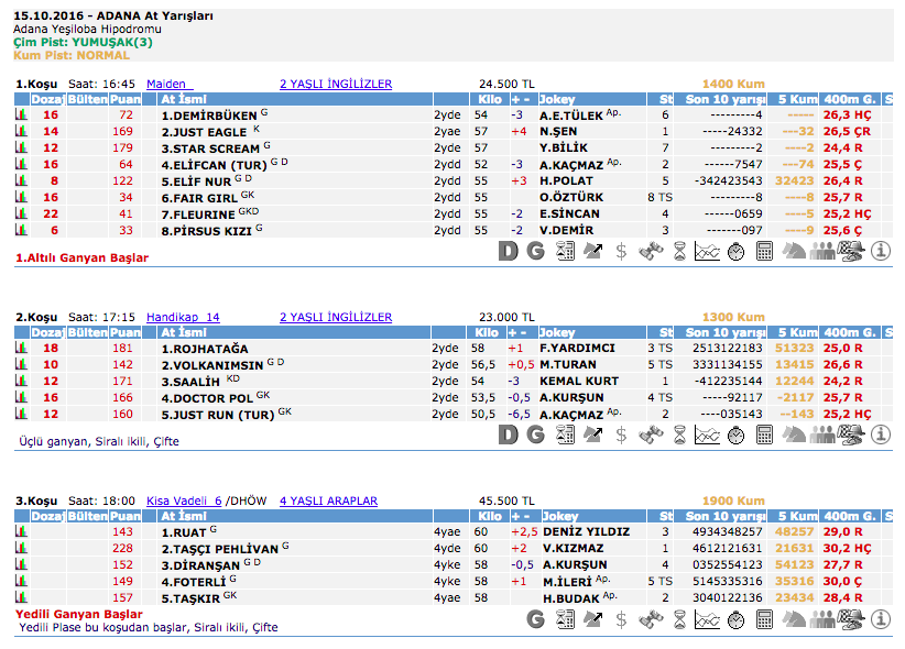 15 Ekim 2016 Cumartesi Adana at yarışı bülteni ve tahminleri