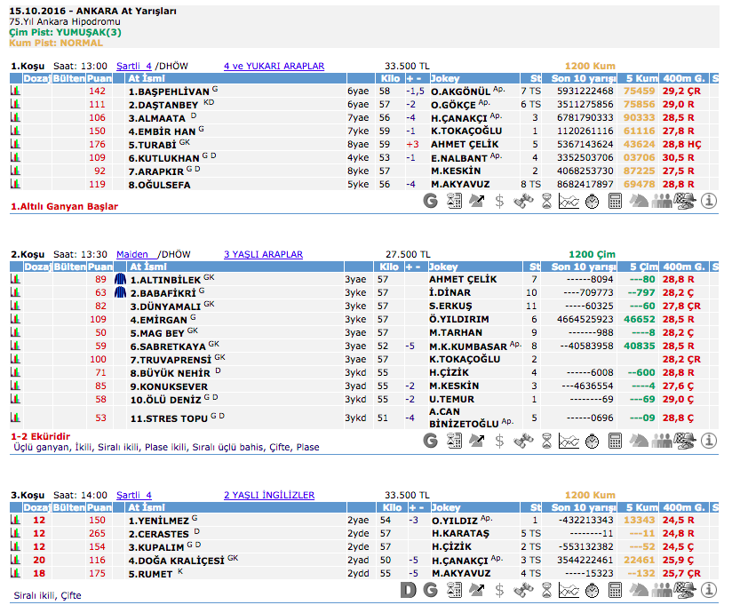 15 Ekim 2016 Cumartesi Ankara at yarışı bülteni ve tahminleri