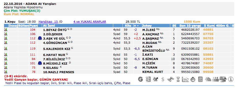22 Ekim 2016 Cumartesi Adana at yarışı bülteni ve tahminleri