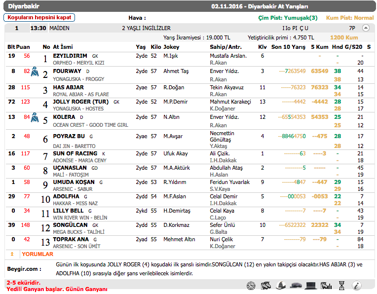 Diyarbakır TJK at yarışı 2 Kasım 2016 altılı ganyan bülteni