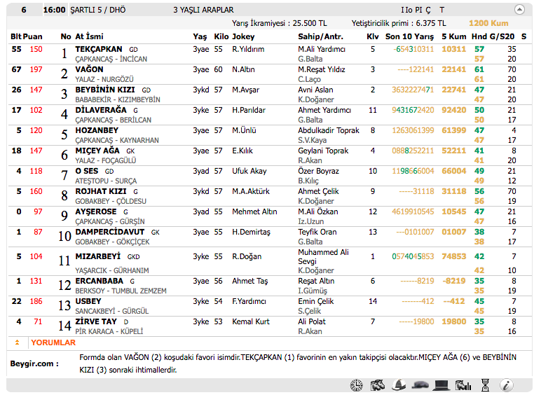 Diyarbakır TJK at yarışı 2 Kasım 2016 altılı ganyan bülteni