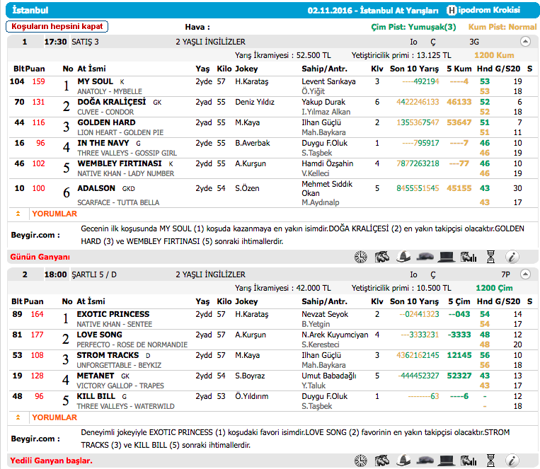 02 Kasım 2016 Çarşamba İstanbul at yarışı bülteni ve tahminleri